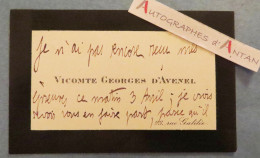 ● Vicomte Georges D'AVENEL Cdv - Historien & économiste - Neuilly Sur Seine - Carte De Visite Autographe L.A.S Noblesse - Visitenkarten