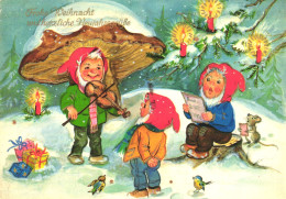 CHRISTMAS, HOLIDAY, CELEBRATION, ILLUSTRATION, GIFTS, CANDLE, MUSHROOM, BIRDS, GNOME, GERMANY, POSTCARD - Autres & Non Classés