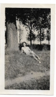 VRAIE PHOTO ARGENTIQUE  DAME ASSISE DANS L HERBE PRES DE L ARBRE Allée Boisée Au Fond - Anonymous Persons