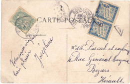 SUR CPA CEIGNAC AVEYRON VERS AUDE TIMBRE MOUCHON PAIRE TAXE CACHET T OBLITERATION BONNECOMBE  VERS BEZIERS HERAULT - 1859-1959 Cartas & Documentos