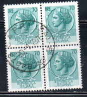 ITALIA REPUBBLICA ITALY REPUBLIC 1968 - 1976 SIRACUSANA TURRITA STELLE STARS LIRE 70 QUARTINA USATA BLOCK USED OBLITERE' - 1961-70: Gebraucht