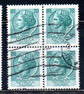 ITALIA REPUBBLICA ITALY REPUBLIC 1968 - 1976 SIRACUSANA TURRITA STELLE STARS LIRE 70 QUARTINA USATA BLOCK USED OBLITERE' - 1961-70: Gebraucht