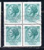 ITALIA REPUBBLICA ITALY REPUBLIC 1968 - 1976 SIRACUSANA TURRITA STELLE STARS LIRE 70 QUARTINA USATA BLOCK USED OBLITERE' - 1961-70: Afgestempeld