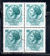 ITALIA REPUBBLICA ITALY REPUBLIC 1968 - 1976 SIRACUSANA TURRITA STELLE STARS LIRE 70 QUARTINA USATA BLOCK USED OBLITERE' - 1961-70: Gebraucht