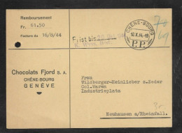 691) Cartolina Postale Ditta Pubblicitaria Postkarte Schweiz 1944 Firma Chocolats Fjord - Chêne-Bougeries Nach Neuhausen - Brieven En Documenten