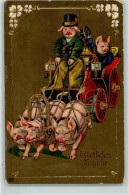 13262121 - Ziehen Eine Kutsche Vermenschlicht  Neujahr Golddruck Glanz AK - Schweine
