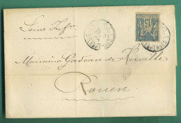 Lettre Cachet Paris 1896  Timbre Type Sage Adressée à Rouen - Manual Postmarks