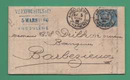 Lettre Oblitération Angoulême Sur Timbre 15c Type Sage 5 Mars 1886 Vve Fayou Adressée à Drilhon Barbezieux - Matasellos Manuales