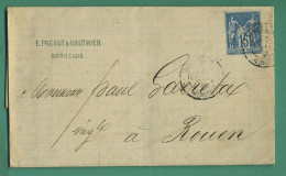 Lettre Cachet Bordeaux ( Gironde ) 1881 Timbre Type Sage Adressée à Rouen - Cachets Manuels