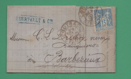 Lettre Cachet Coutras ( Gironde ) Leurtault Et Cie 1890 Timbre Type Sage 15 Ct Adressée à Barbezieux Charente - Handstempel