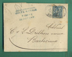 Lettre Cachet Bordeaux ( Gironde ) 1890 Timbre Type Sage Adressée à Barbezieux Charente - Cachets Manuels