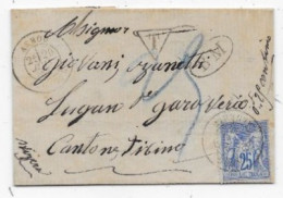 ALGERIE Lettre Càd AKBOU S/ Timbre 25c Type SAGE 1877 P/ SUISSE  Taxe 25 Bureau Rare - 1877-1920: Semi Modern Period