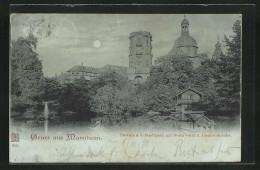 Mondschein-AK Mannheim, Stadtpark Mit Sternwarte Und Jesuitenkirche  - Mannheim