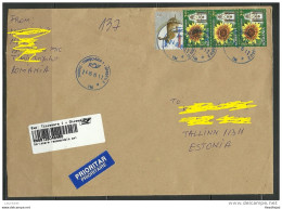 ROMANIA Rumänien 2015 Registered Air Mail Letter To Estonia Sonnenblume Hase Hare - Covers & Documents