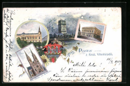 Künstler-AK Prag / Praha-Král. Vinohradu, Vot. Chrám Sv. Ludmily, Radnice, Vodárna  - Tchéquie