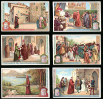 6 Sammelbilder Liebig, Serie Nr.: 1116, Dante, Castelbarco, Lac De Garde, Funerailles, Ambassadeur Florentins, Beatrix  - Liebig