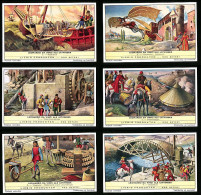 6 Sammelbilder Liebig, Serie Nr.: 1778, Leonado Da Vinci Als Uitvinder, Draaibrug, Wegmeter, Pantserwagen, Valscherm  - Liebig