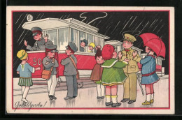 AK Schaffner Und Junge Frauen An Der Strassenbahn Im Regen  - Guerre 1914-18