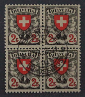 SCHWEIZ VIERERBLOCK (SBK 166z), 2 Fr.Papier Geriffelt, ZentrumStempel, 275,-SFr - Used Stamps