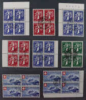 1939, SCHWEIZ, 8 Hochwertige Viererblocks (SBK 221-39) ZentrumStempel, 520,-€ - Used Stamps