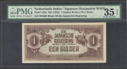 Netherlands Indies Japanese Occ 1 Gulden SB 094028 P-123a 1942 PMG 35EPQ Rare - Indonesië