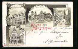 Lithographie Münster I. Westf., Stadtweinhaus, Dom-Kirche, Prinzipalmarkt  - Muenster