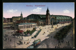 AK Hamburg, Hauptbahnhof Mit Kutschen, Droschken Und Strassenbahn  - Tramways