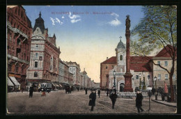 AK Budapest, Rácóczistrasse Mit Denkmal Und Passanten, Strassenbahn  - Tranvía