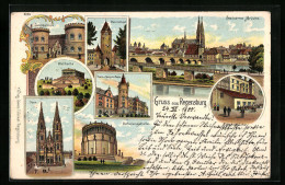 Lithographie Regensburg, Jakobsthor, Walhalla, Ostenthor, Befreiungshalle, Dom  - Regensburg