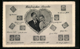 AK Briefmarkensprache, Liebespaar Mit Herzmotiv  - Briefmarken (Abbildungen)