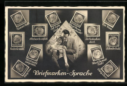 AK Briefmarkensprache, Liebespaar Mit Briefmarken Komme Bald, Ein Kuss  - Postzegels (afbeeldingen)