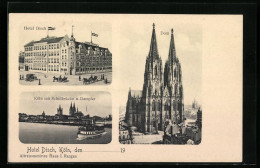 AK Köln, Hotel Disch, Ortsansicht Mit Schiffbrücke Und Dampfer, Dom  - Koeln