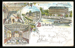 Lithographie Biebrich A. Rhein, Hotel Bellevue Mit Dampfer, Inneres Konzert- Ball- & Theater-Saal Und Kegel-Bahn  - Theater