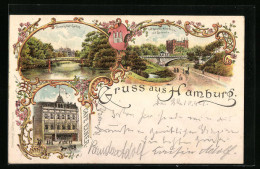 Lithographie Hamburg-St.Pauli, Cafe Exner, Karsten-Milles-Brücke Mit Seewarte  - Mitte