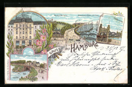 Lithographie Hamburg-St. Pauli, Hotel Lübecker Hof, Gasthaus Neues Fährhaus Mit Seewarte U. Hafen, Elbbrücke  - Mitte