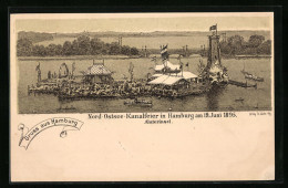 Lithographie Hamburg-St.Georg, Nord-Ostsee-Kanalfeier Am 19. Juni 1895 Auf Der Alsterinsel  - Mitte