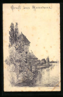 Vorläufer-Lithographie Konstanz, 1893, Gebäude Und Turm Am Ufer Des Bodensees  - Konstanz