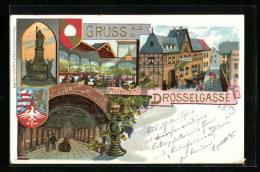 Lithographie Rüdesheim A. Rh., Drosselgasse Mit Gasthaus Joh. Müller Und Weinkeller  - Ruedesheim A. Rh.