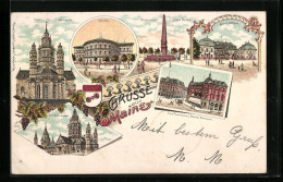 Lithographie Mainz, Dom, Neubrunnen, Gasthaus Neue Rheinische Und Mainzer Bierhallen, Wappen  - Mainz