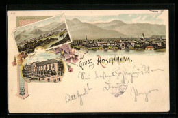 Lithographie Rosenheim, Teilansicht, Panorama, Kaiserbad  - Rosenheim