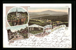 Lithographie Schierke I. Harz, Kirche, Schnarrcher, Strassenpartie  - Schierke