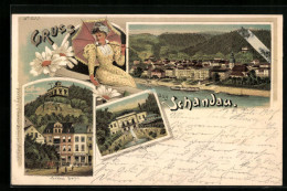 Lithographie Schandau, Kurhaus, Schloss Bastei, Uferpartie  - Bastei (sächs. Schweiz)