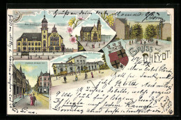 Lithographie Rheydt, Rathaus, Neue Post, Berg. Merk. Bahnhof  - Sonstige & Ohne Zuordnung