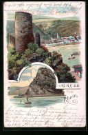 Lithographie St. Goar, Burgruine Katz, Loreley Felsen  - St. Goar