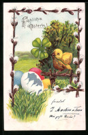 Künstler-AK Fröhliche Ostern, Osterküken Mit Kleeblatt  - Ostern