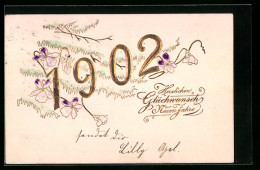 AK Glückwunsch Zum Neuen Jahr, Zweige, Blüten Und Goldene Jahreszahl 1902  - Other & Unclassified