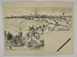 Handzeichnung / Ansichtskarten-Entwurf L. H., Kalchreuth, Gasthaus Chr. Müller, Kirche, Panoramaansicht  - Tekeningen