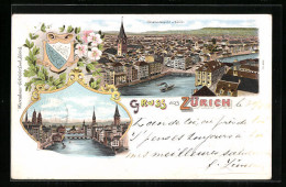 Lithographie Zürich, Gesamtansicht, Uferpartie Mit Brücke  - Autres & Non Classés