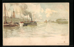 Künstler-Lithographie Henri Cassiers: Arnhem, Hafenpartie Mit Dampf- Und Segelbooten  - Arnhem