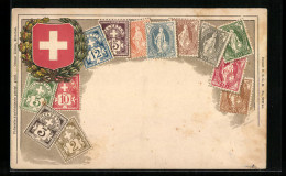 Präge-AK Briefmarken Der Schweiz, Wappen, Ehrenkranz  - Sellos (representaciones)